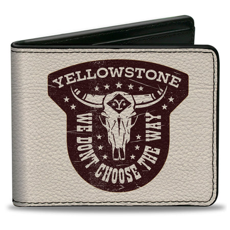 Front view of the Yellowstone We Don't Choose The Way Badge Bi-Fold Wallet in white and brown
