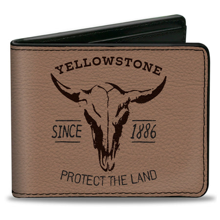 Front view of Yellowstone Protect The Land Bi-Fold Wallet in tan and brown