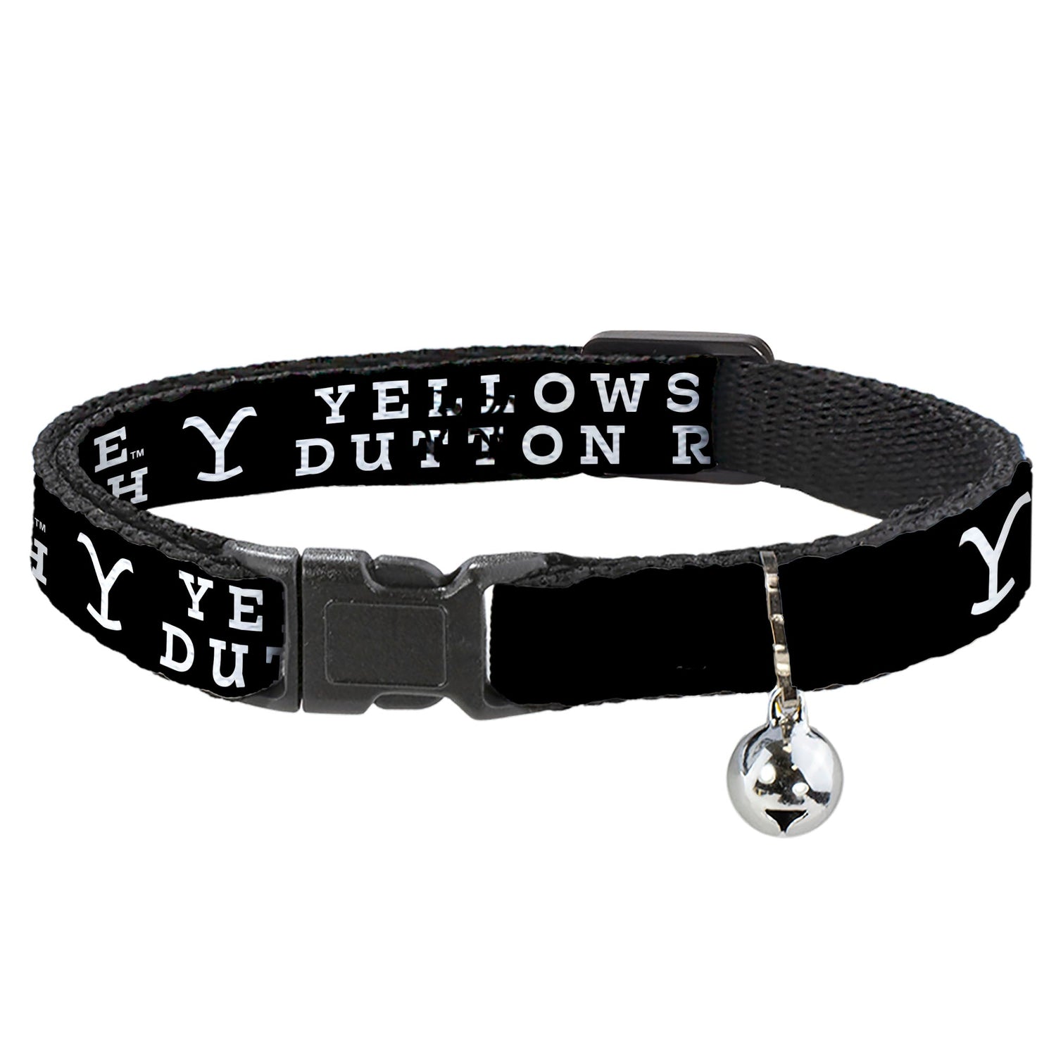 Close-up of the black and white Yellowstone Dutton Ranch logo pattern on a cat collar.