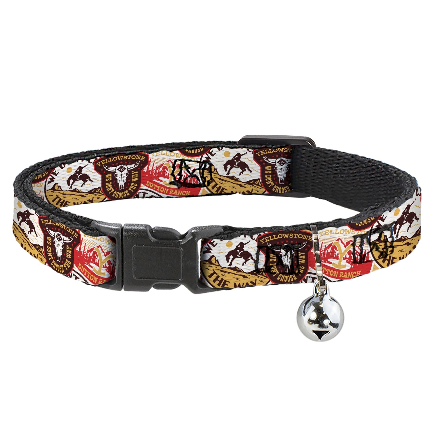 Yellowstone stacked patches design on a breakaway cat collar with a silver jingle bell.
