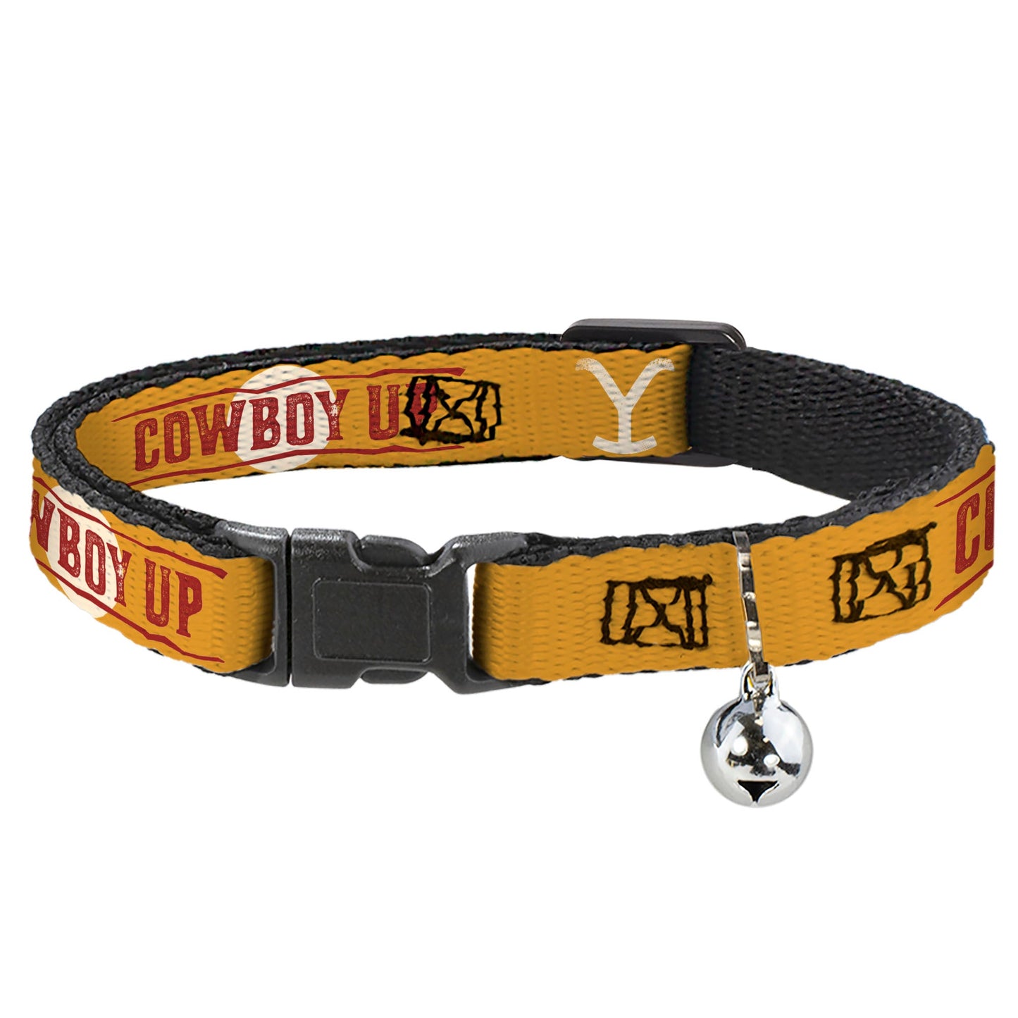 Yellowstone Y logo and Cowboy Up text on a yellow breakaway cat collar