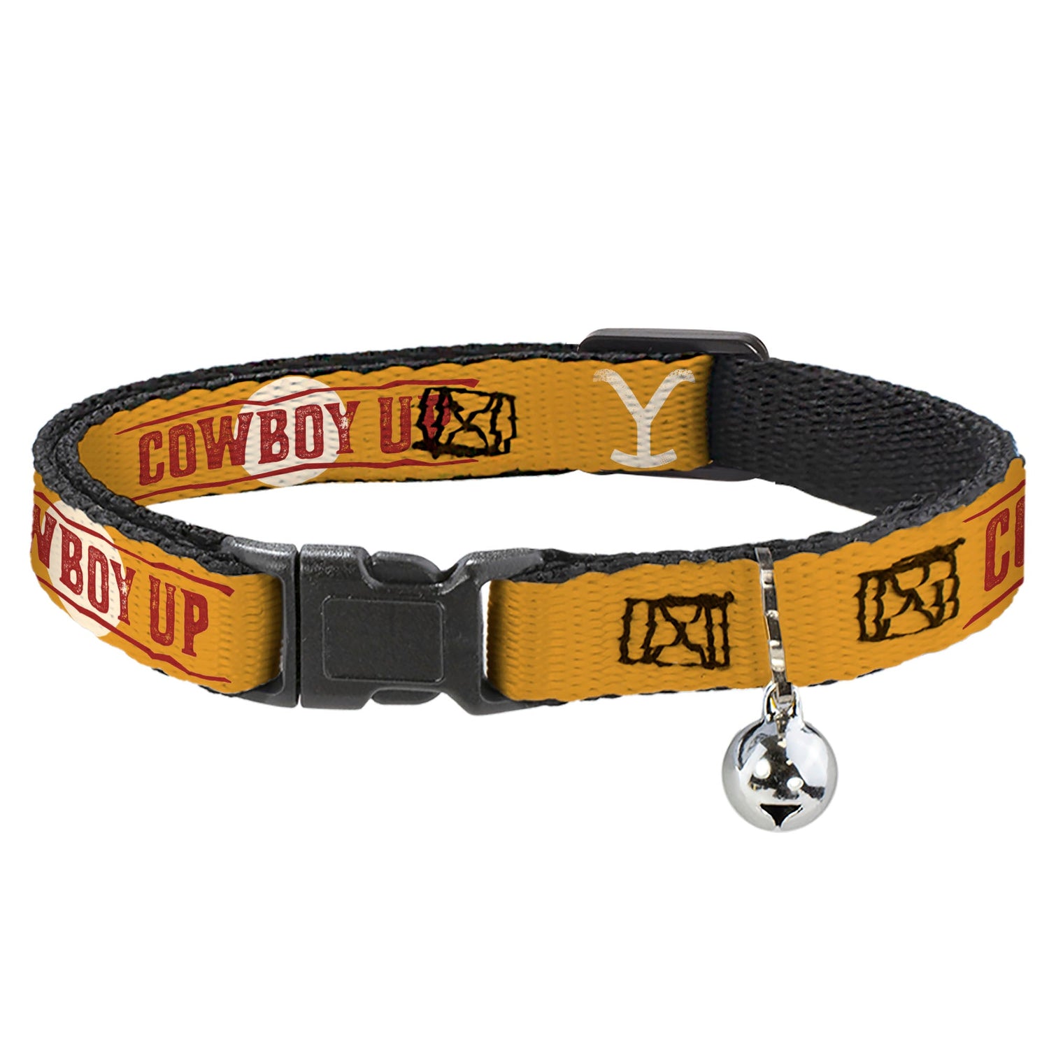 Yellowstone Y logo and Cowboy Up text on a yellow breakaway cat collar