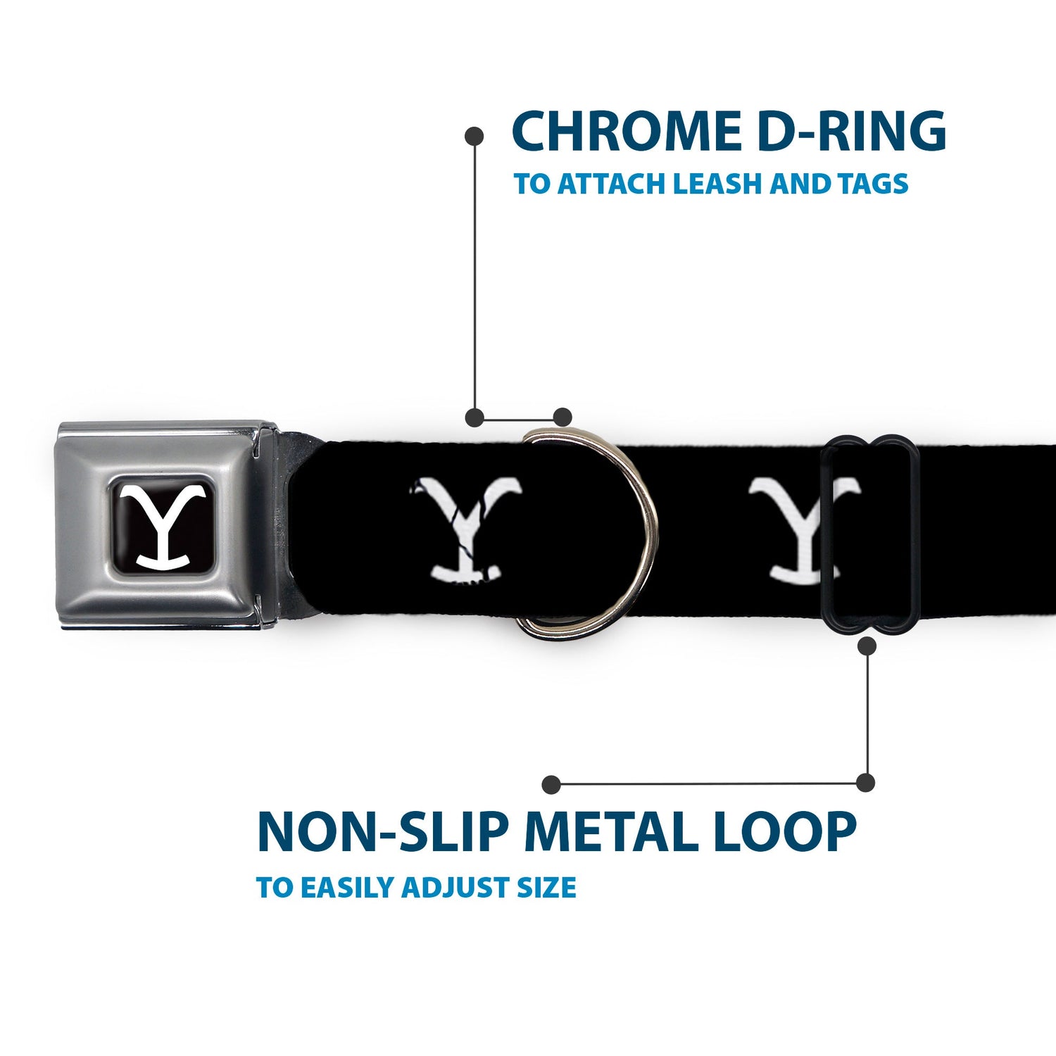 Durable steel D-ring attachment on Yellowstone seatbelt buckle collar