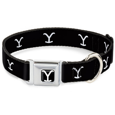 Yellowstone Y Logo black and white seatbelt buckle dog collar front view