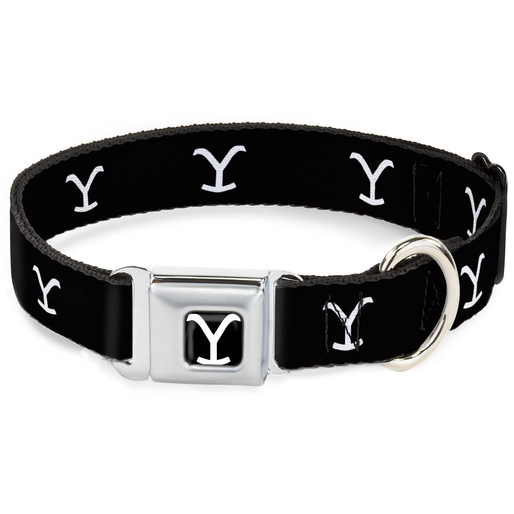 Yellowstone Y Logo black and white seatbelt buckle dog collar front view
