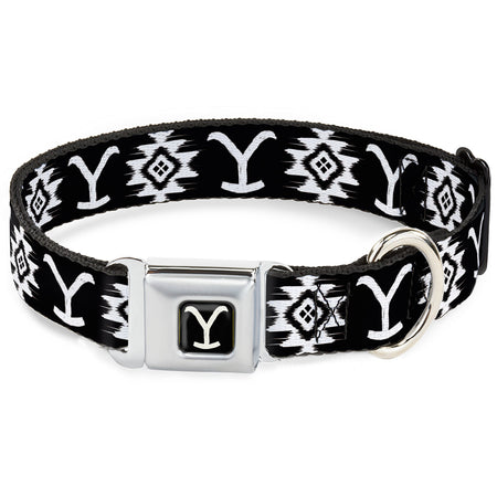 Yellowstone Y logo black and white seatbelt buckle dog collar front view