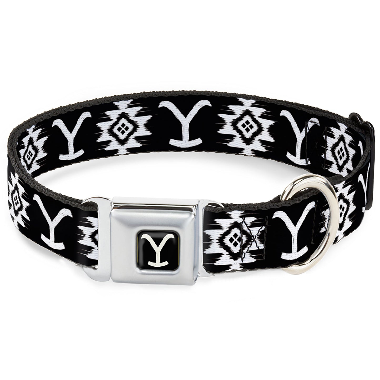Yellowstone Y logo black and white seatbelt buckle dog collar front view
