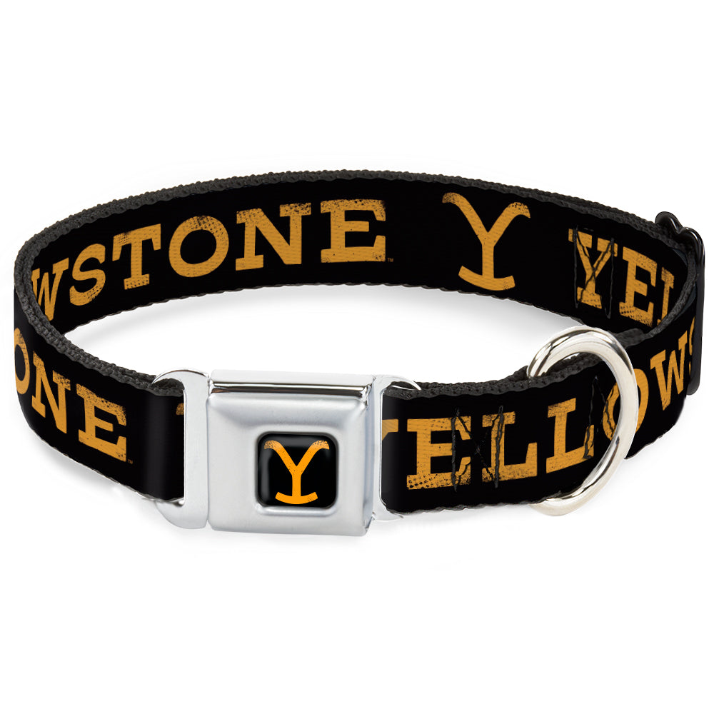 Close-up of the Yellowstone Y logo on the black and orange pet collar.