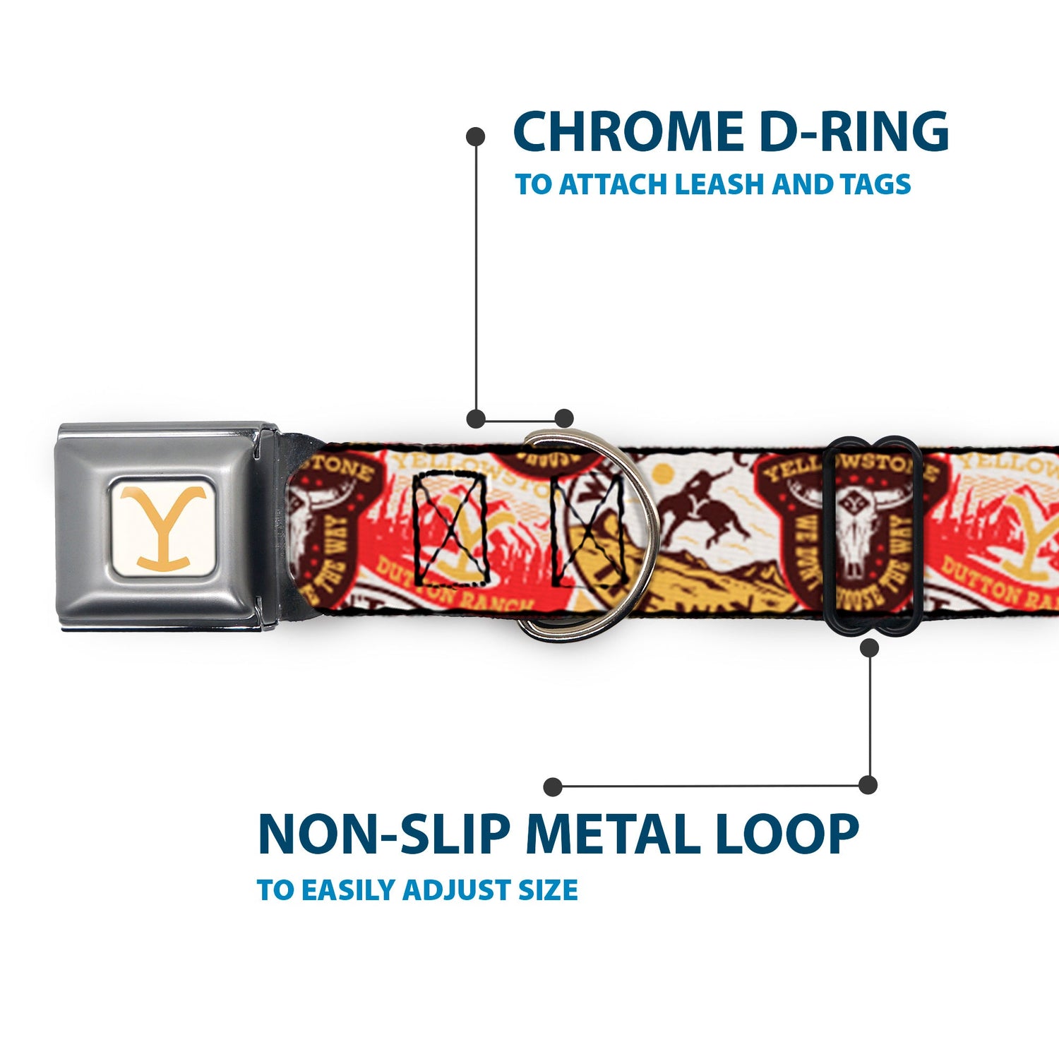 Full view of adjustable Yellowstone seatbelt buckle collar for dogs