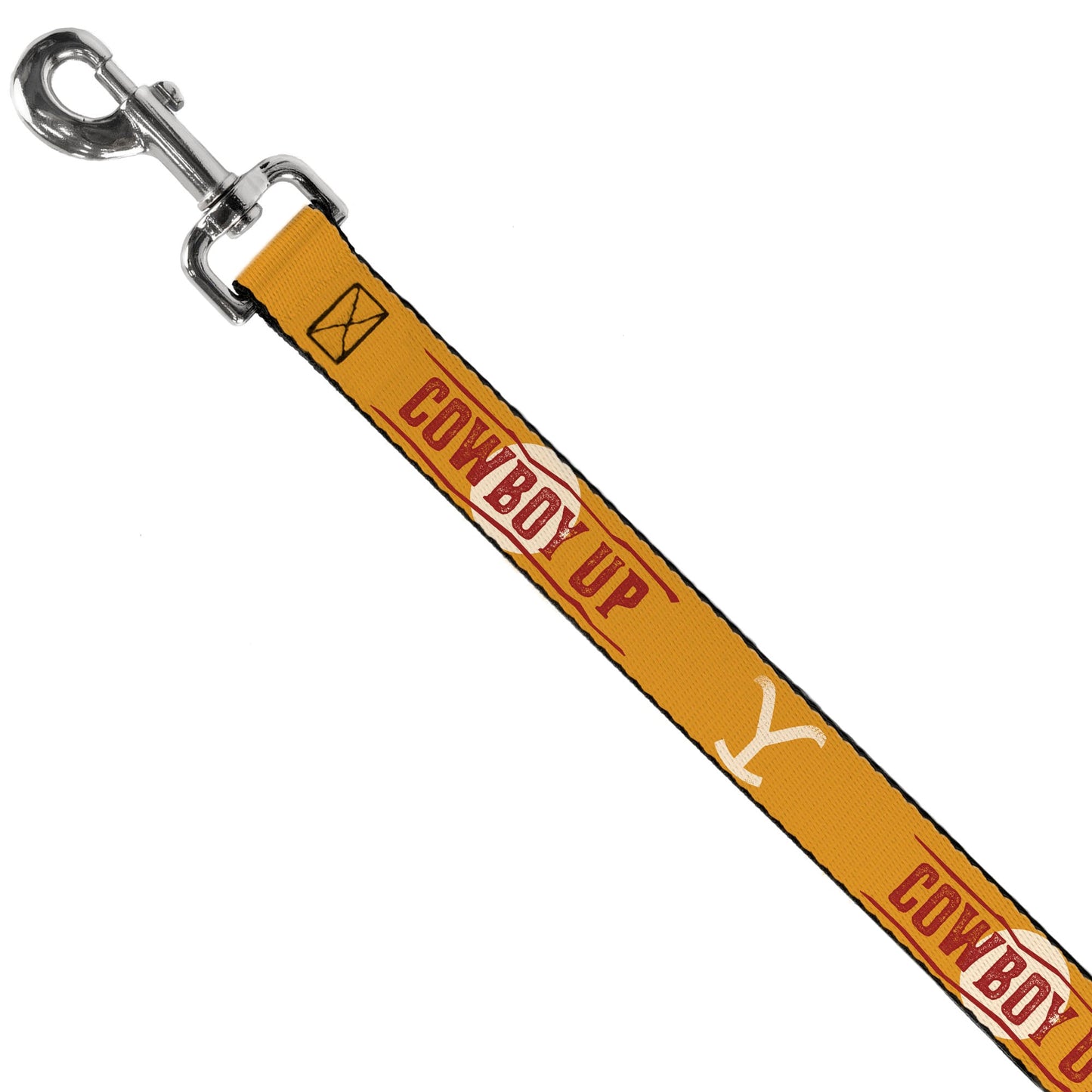 Close-up of the Y brand logo and Cowboy Up text on pet leash
