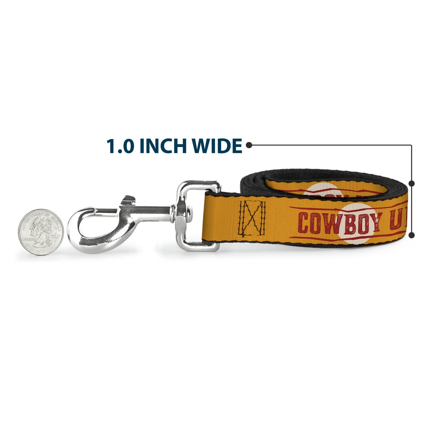 Full view of the yellow Yellowstone dog leash with red accents