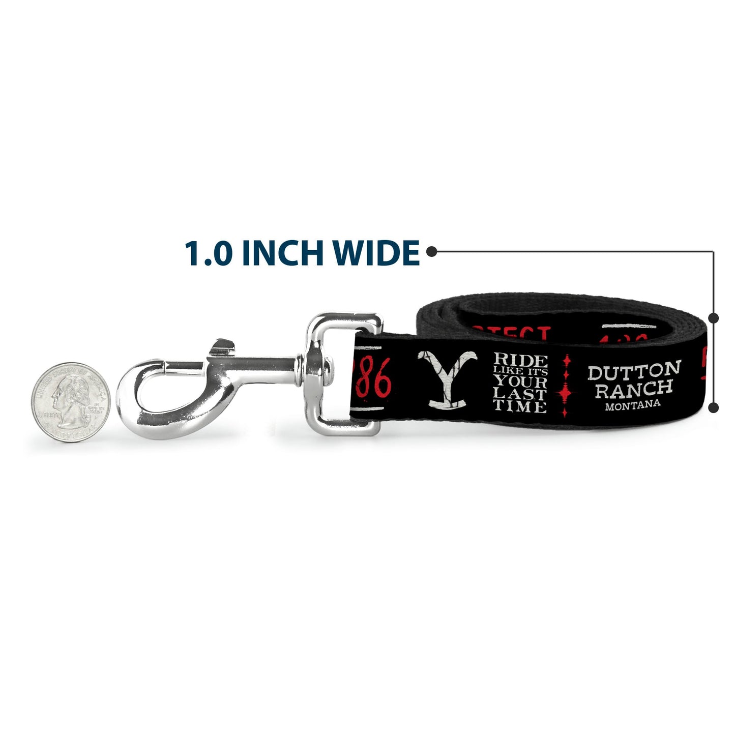 Wide shot of the 1886 Icons pet leash highlighting the black, white, and red colors