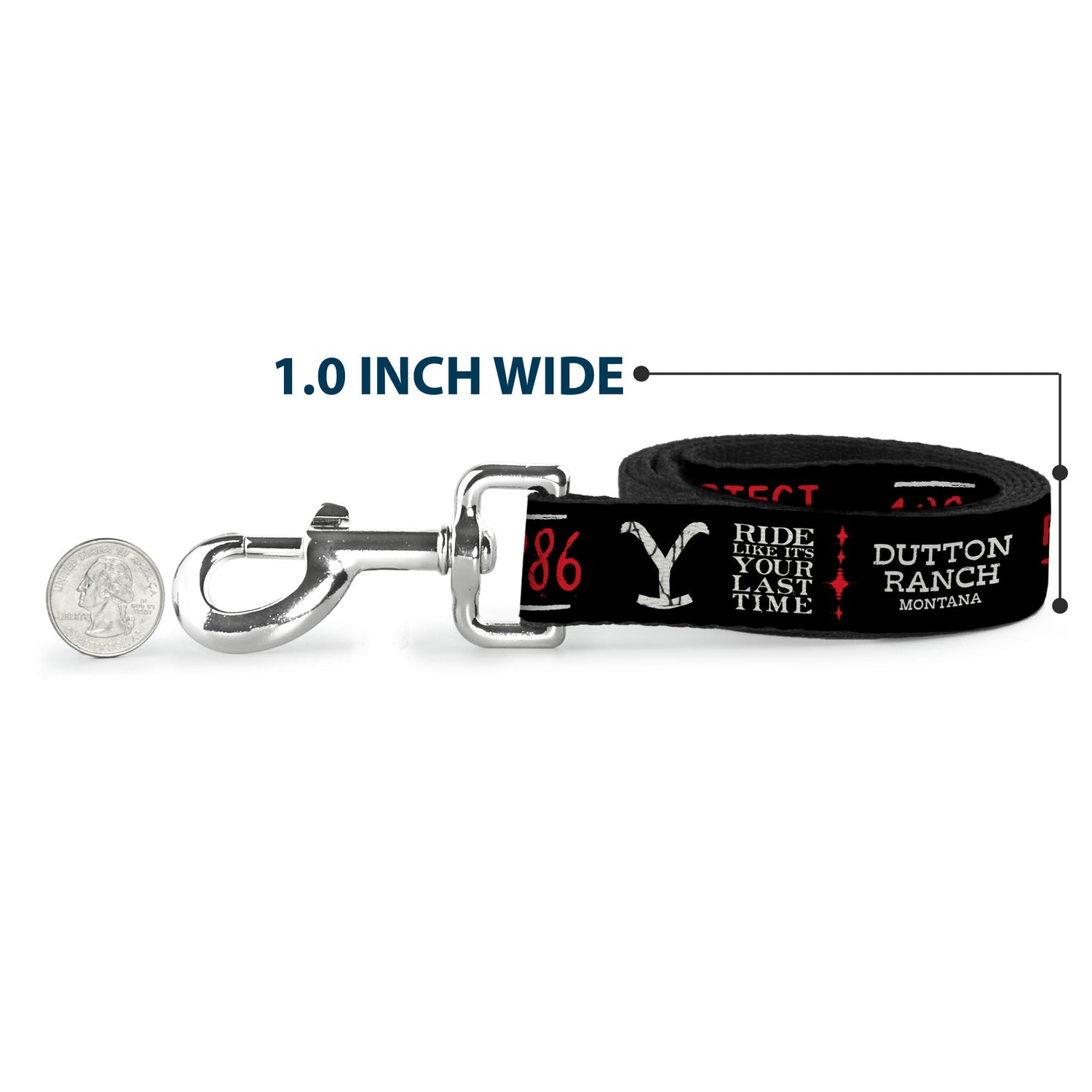 Wide shot of the 1886 Icons pet leash highlighting the black, white, and red colors