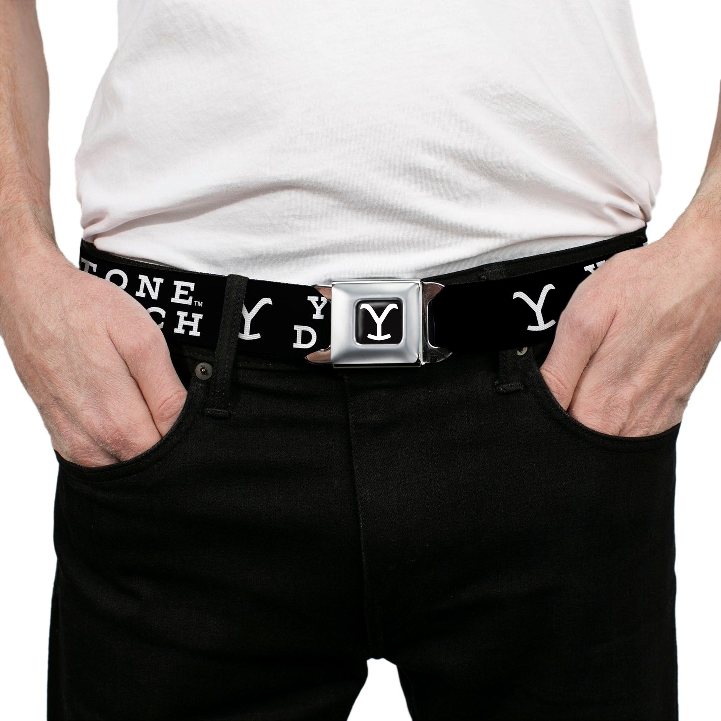 Side view of the Dutton Ranch Y logo repeating on black and white webbing