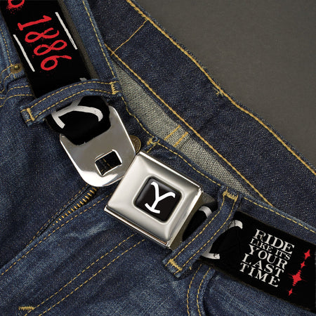 Close up of the metal seatbelt style buckle on the Yellowstone belt
