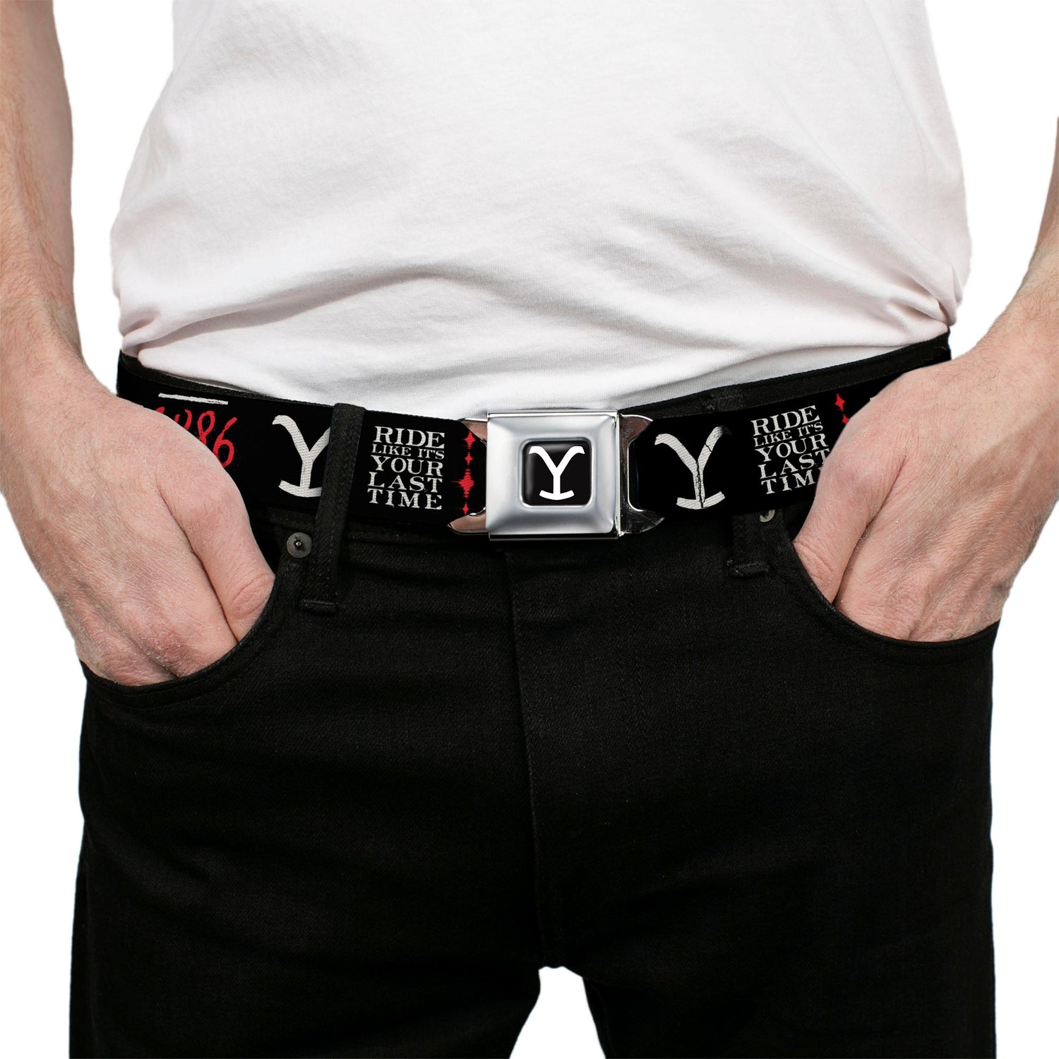 Adjustable black and white webbing with red Dutton Ranch 1886 icons