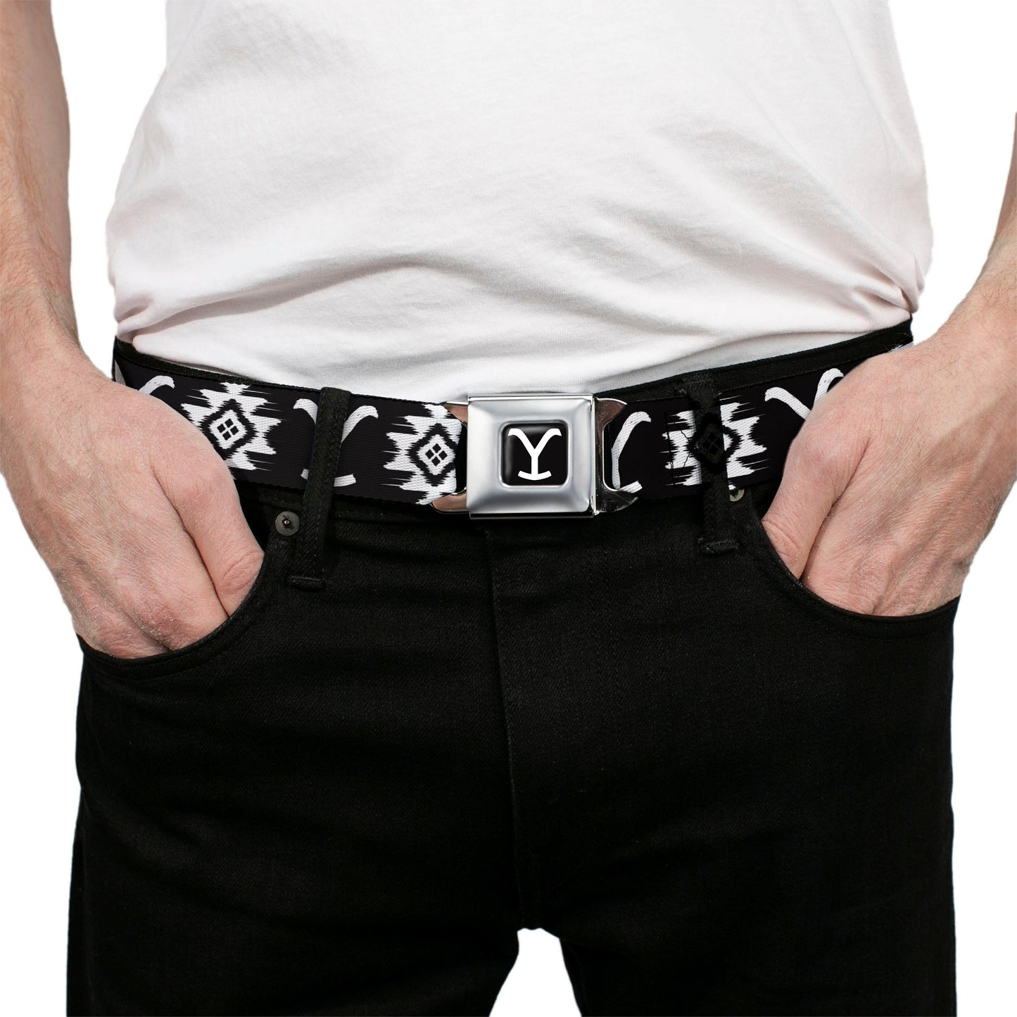 Detailed view of the Dutton Ranch and Native American icons on webbing