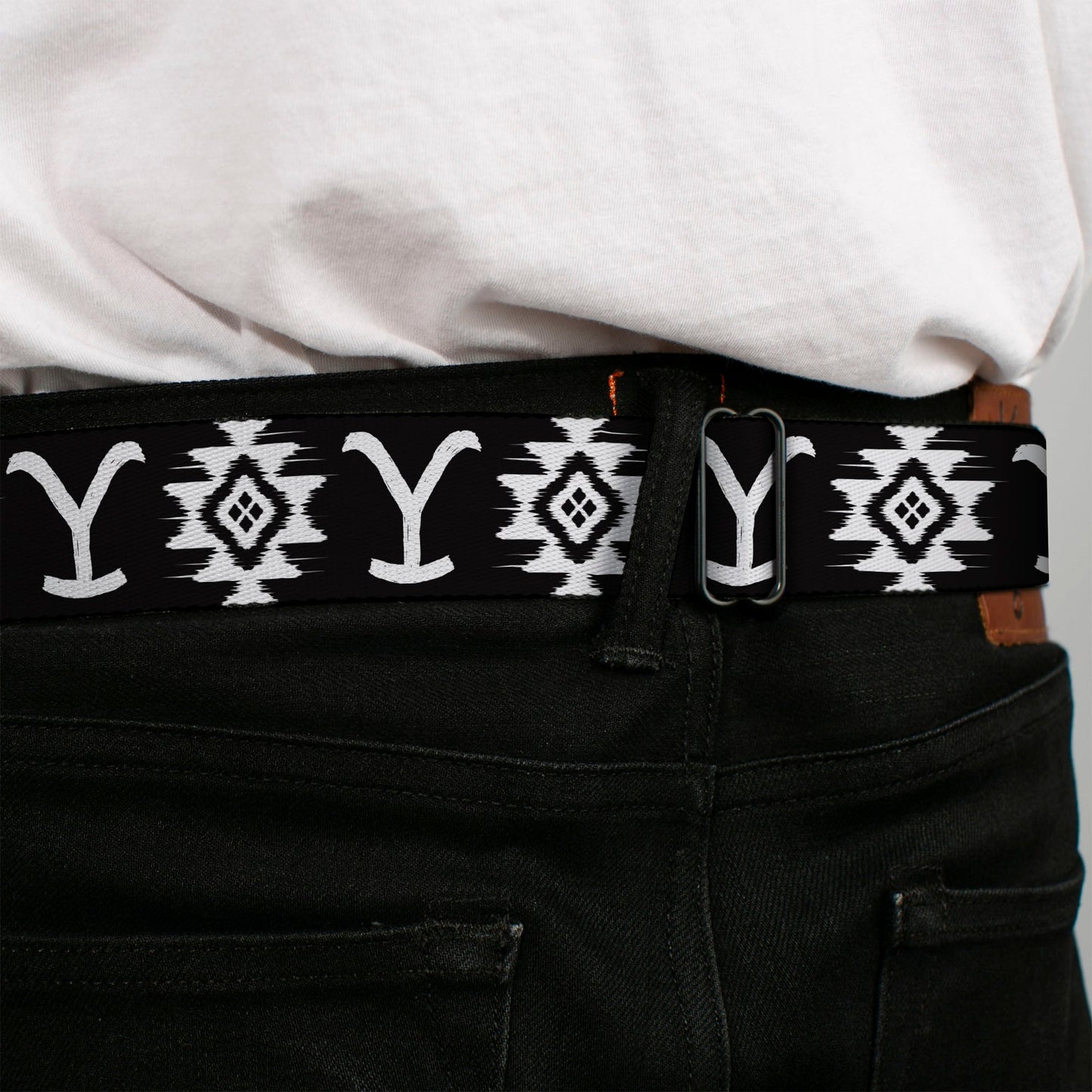 Full length of the adjustable black and white nylon strap