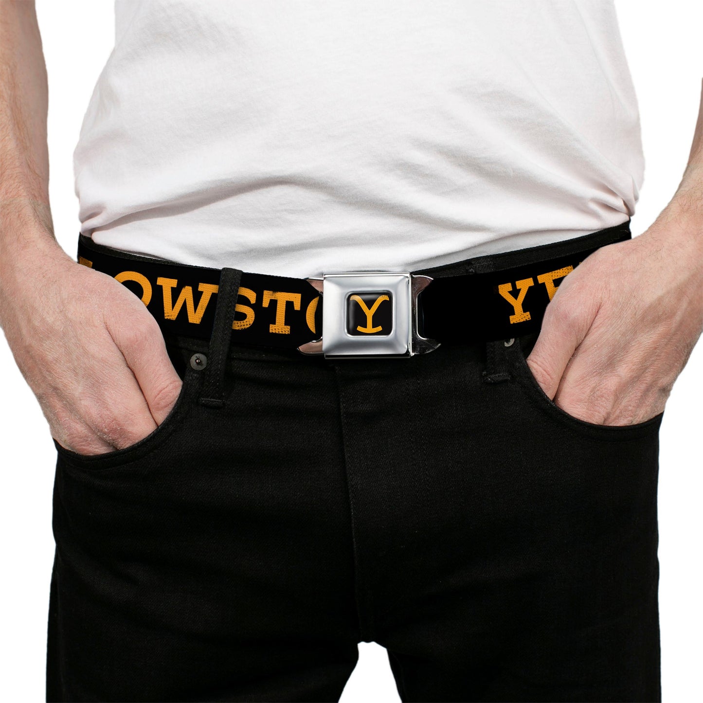 Metal seatbelt buckle closure featuring the Yellowstone logo.
