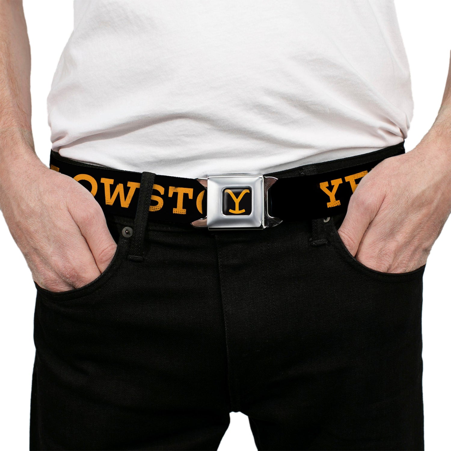 Metal seatbelt buckle closure featuring the Yellowstone logo.