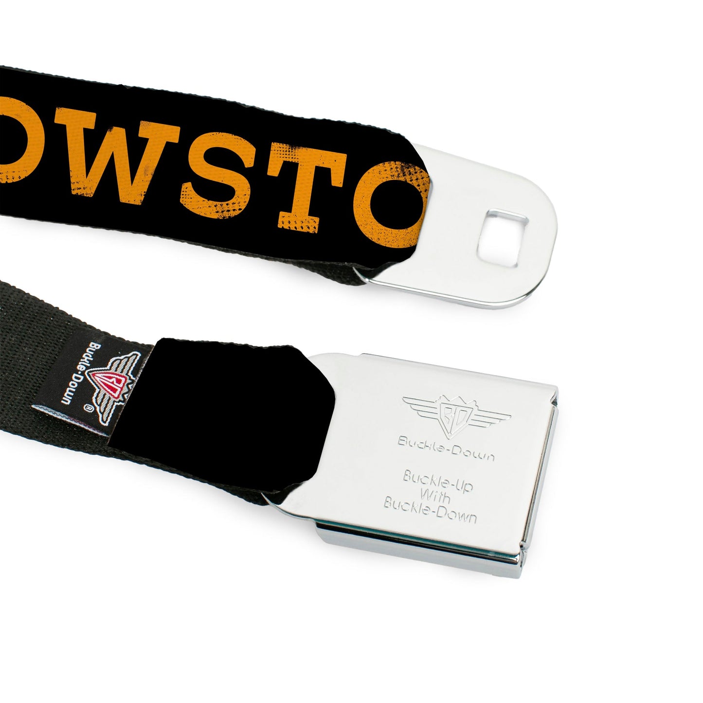 The belt rolled up showing the repeating orange logo pattern.