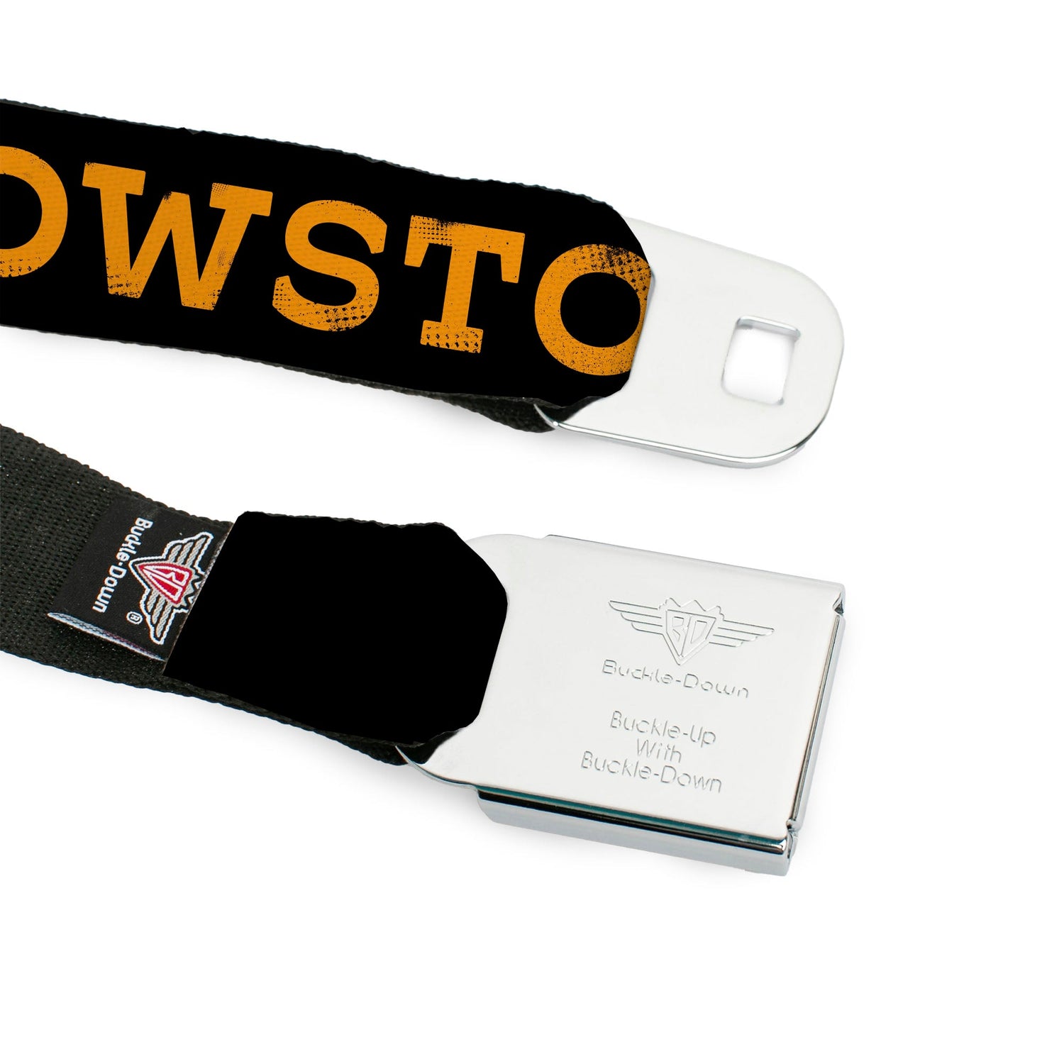 The belt rolled up showing the repeating orange logo pattern.