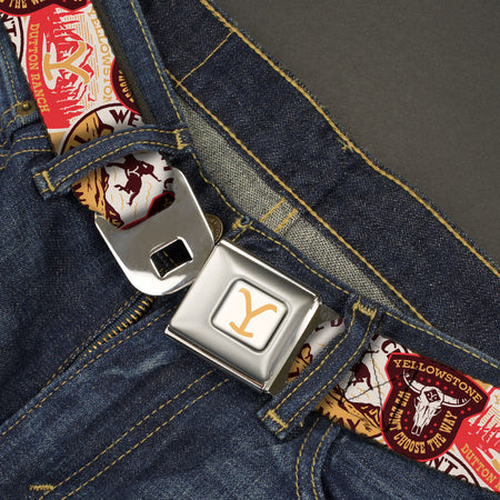 Close-up of the authentic metal seatbelt buckle on Yellowstone belt