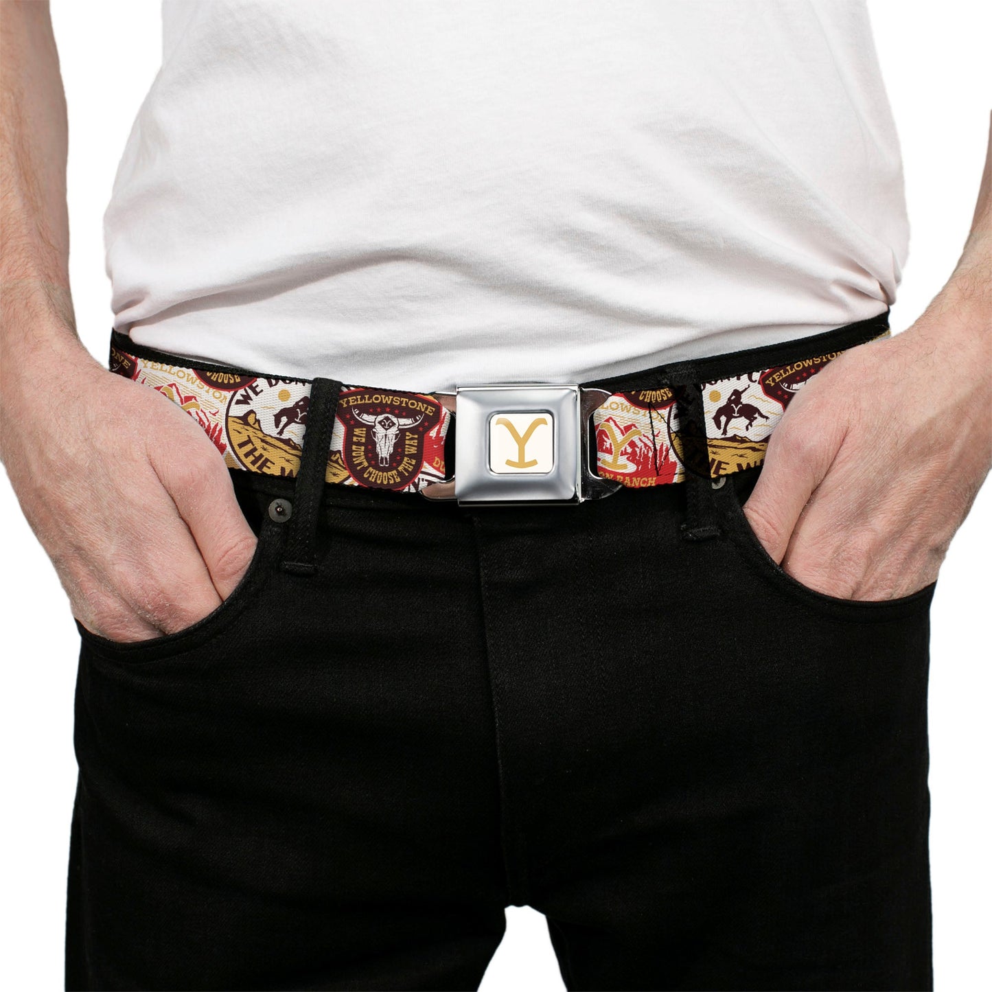 Durable brown and yellow webbing pattern of the Yellowstone belt