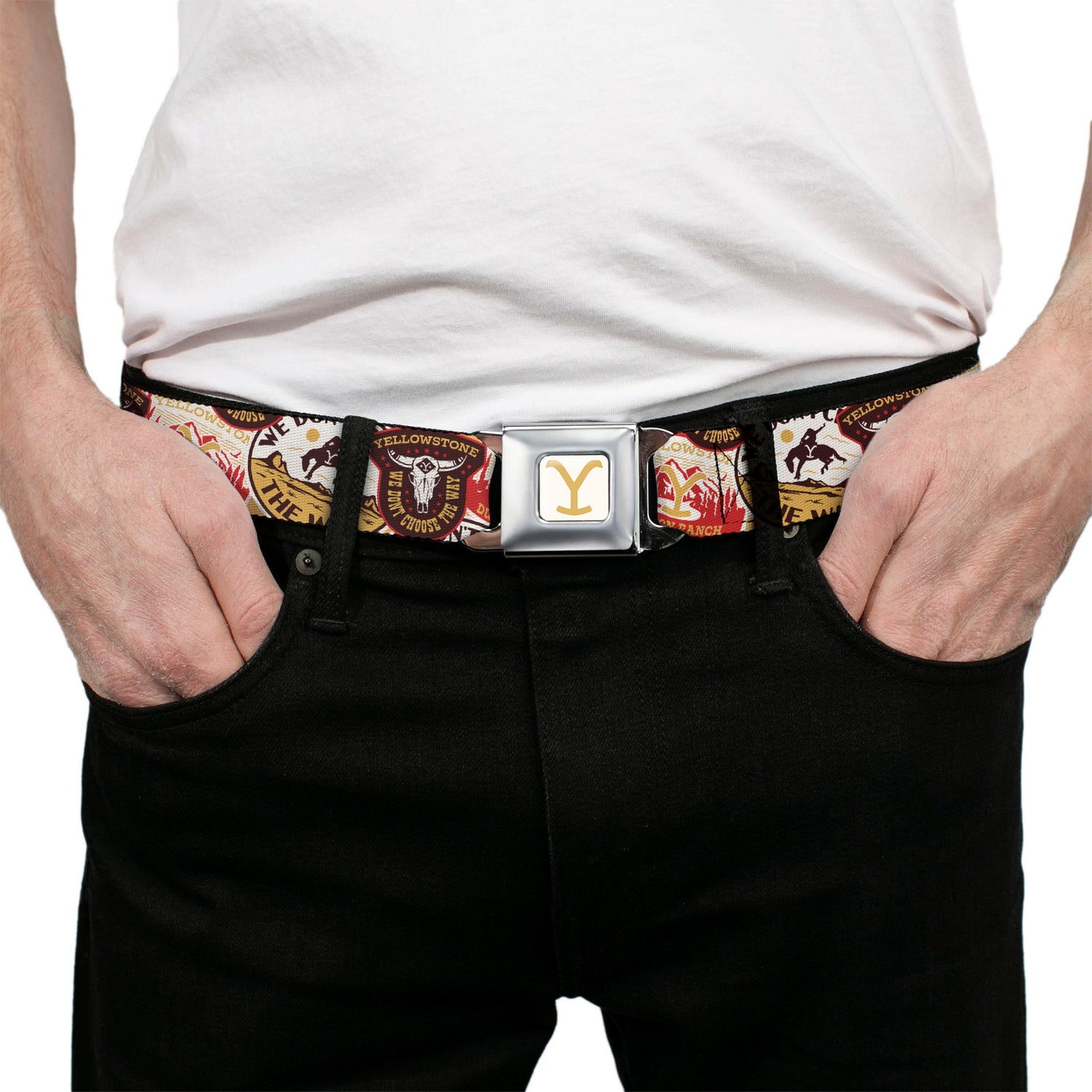 Durable brown and yellow webbing pattern of the Yellowstone belt