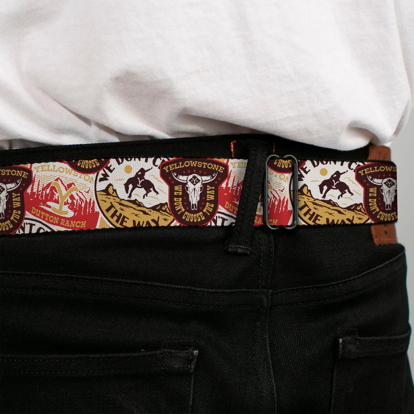 Yellowstone Y logo in white and yellow on premium polyester webbing