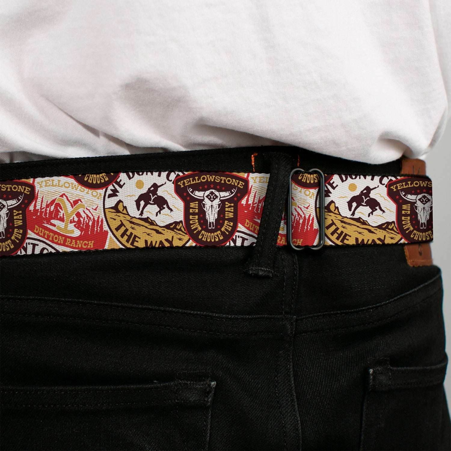 Yellowstone Y logo in white and yellow on premium polyester webbing
