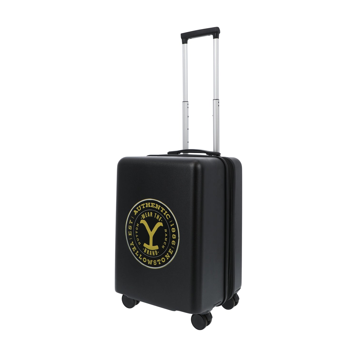 Front view of black Yellowstone carry-on suitcase with Dutton Ranch Y logo