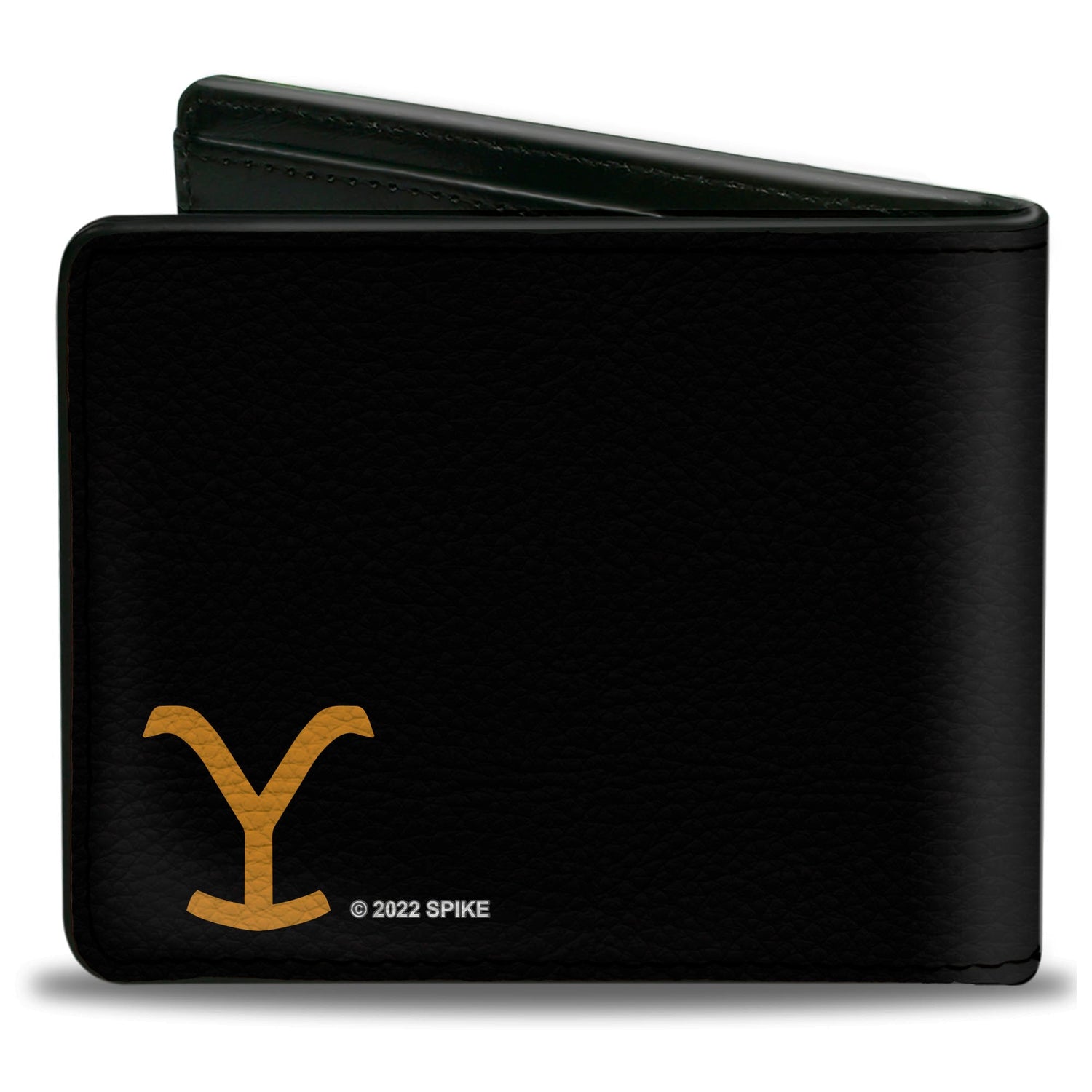 Close-up of the yellow Dutton Ranch logo on the black wallet exterior