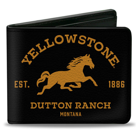 Front view of Yellowstone Dutton Ranch Bi-Fold Wallet in black and yellow