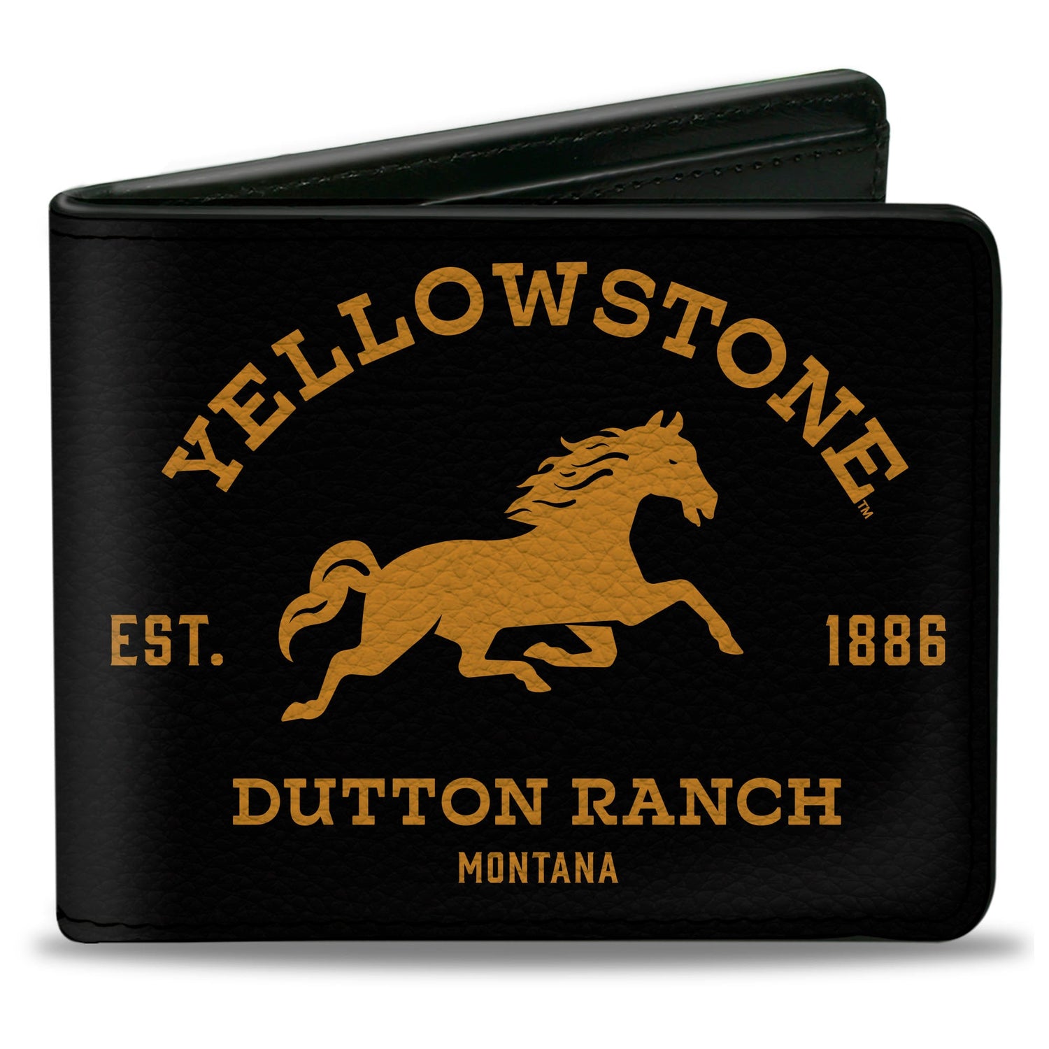 Front view of Yellowstone Dutton Ranch Bi-Fold Wallet in black and yellow