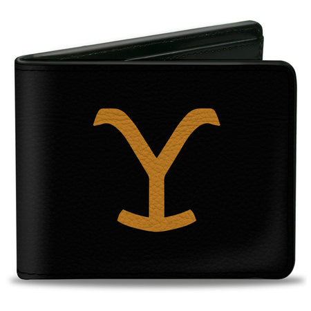 Front view of black Yellowstone bi-fold wallet with yellow Y logo