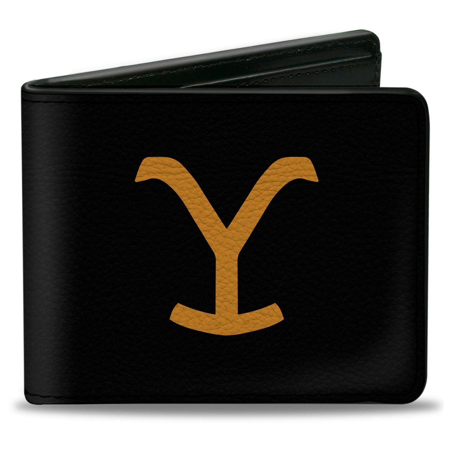 Front view of black Yellowstone bi-fold wallet with yellow Y logo