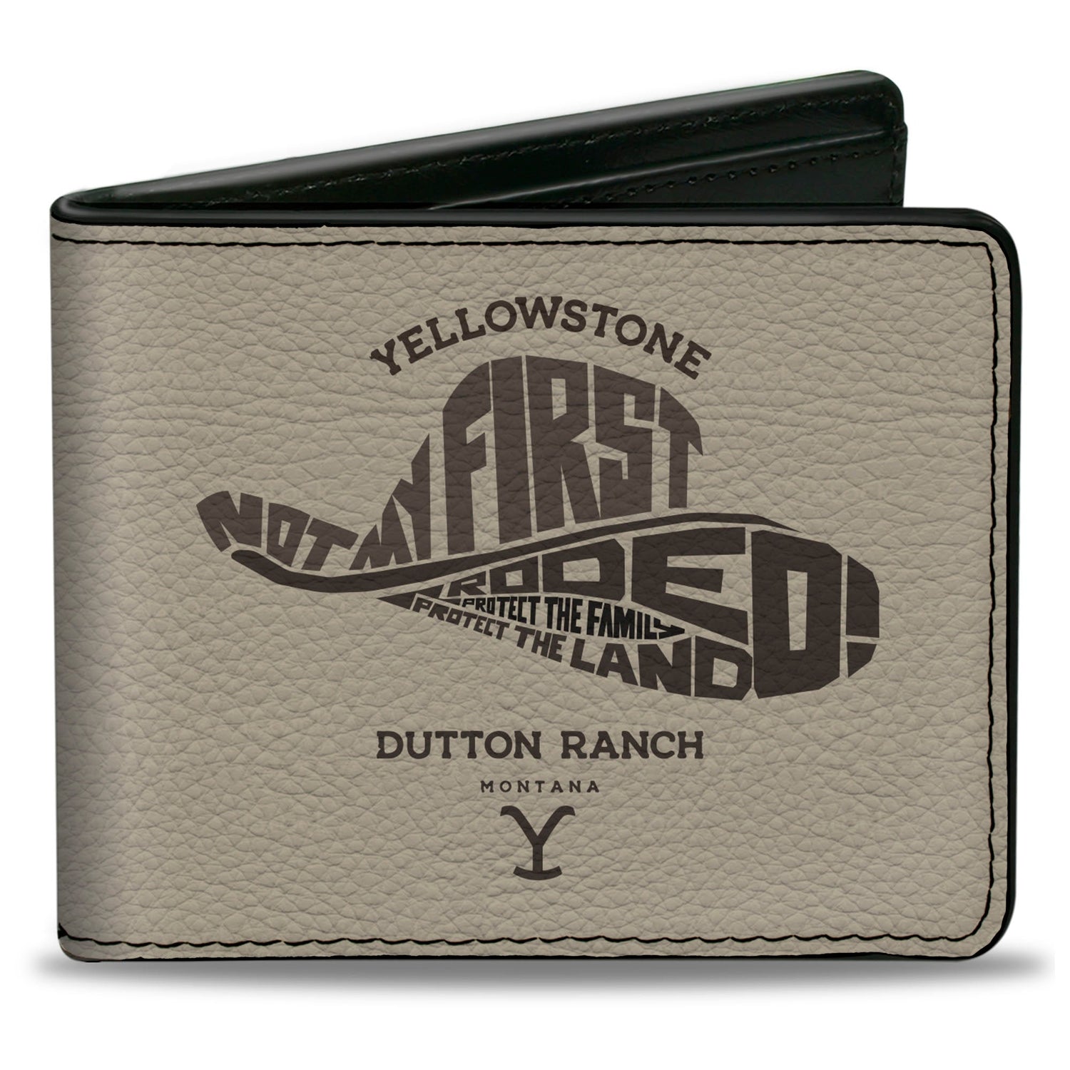 Front view of Yellowstone Not My First Rodeo beige and brown bi-fold wallet