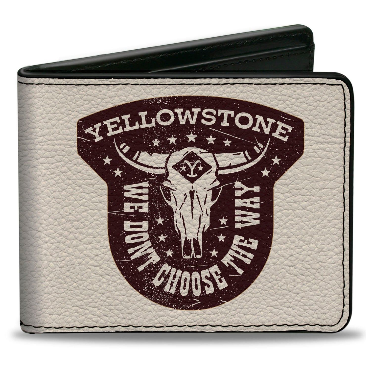 Front view of the Yellowstone We Don't Choose The Way Badge Bi-Fold Wallet in white and brown