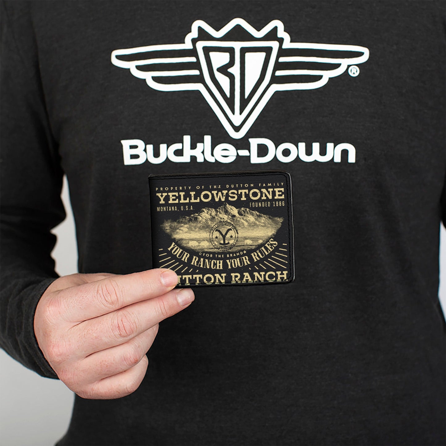 Close-up of the Your Ranch Your Rules landscape design on vegan leather