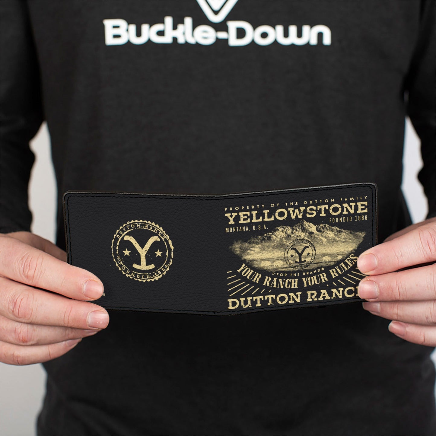 Back view of the sleek black and beige Yellowstone bi-fold wallet