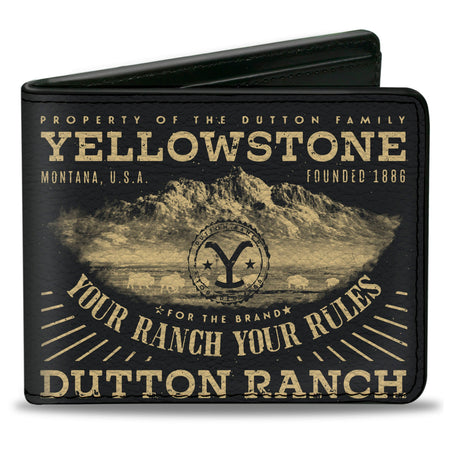 Front view of Yellowstone Your Ranch Your Rules Landscape Bi-Fold Wallet in black and beige