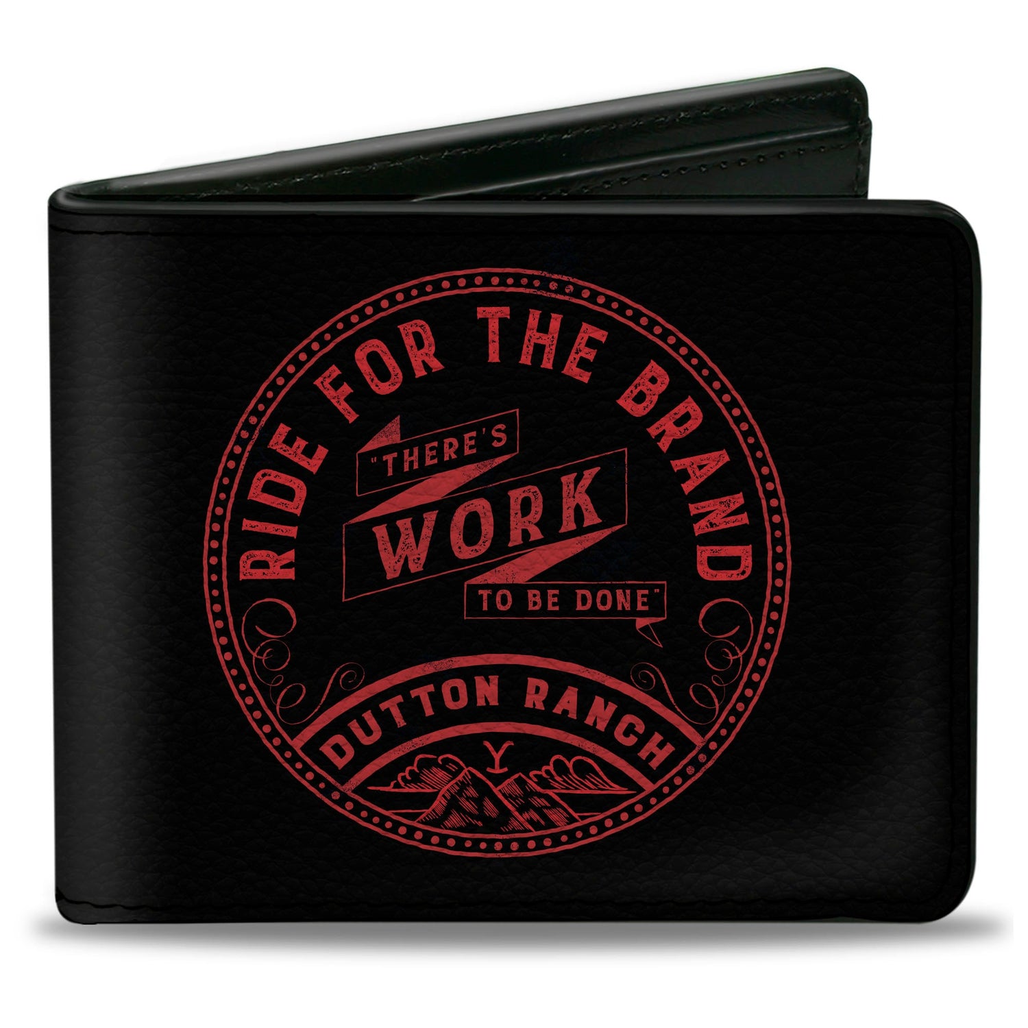 Front view of the Yellowstone Ride for the Brand Dutton Ranch Bi-Fold Wallet in black and red.