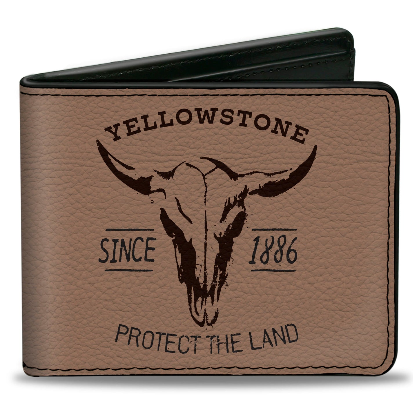 Front view of Yellowstone Protect The Land Bi-Fold Wallet in tan and brown