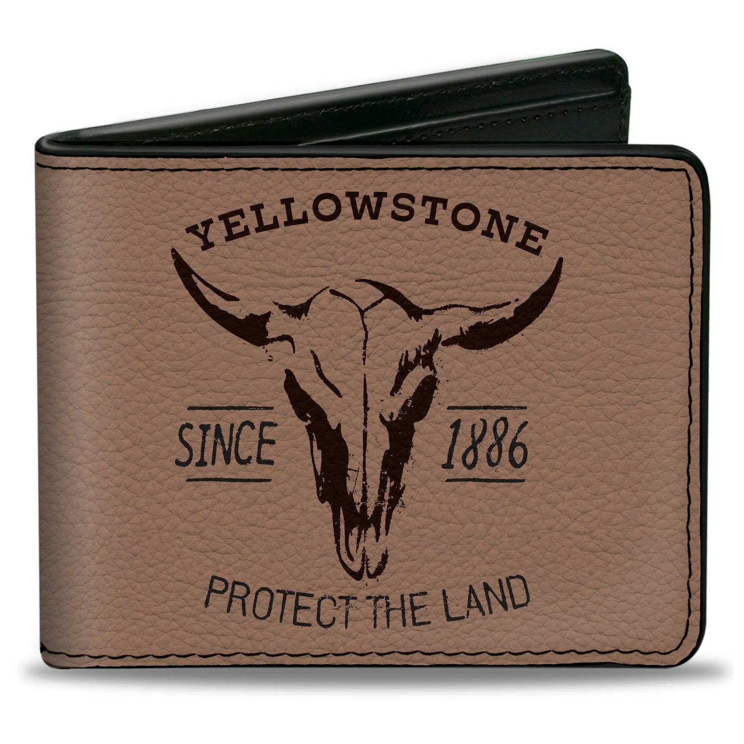 Front view of Yellowstone Protect The Land Bi-Fold Wallet in tan and brown