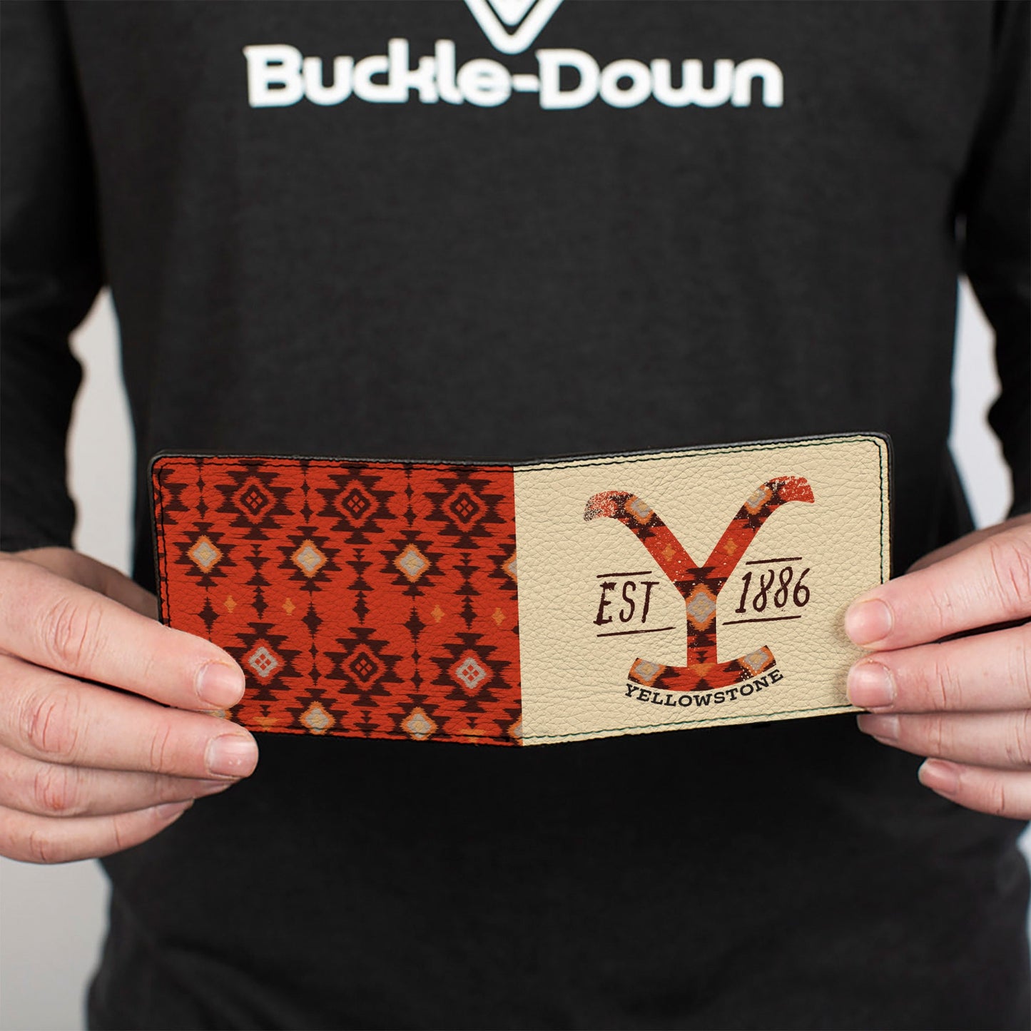 Back view of the multi-color Native American pattern bi-fold