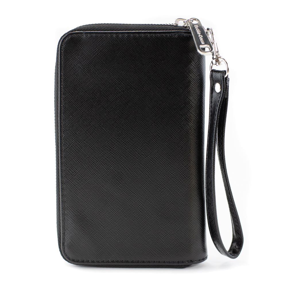 Angled view of the rectangle wallet showing its slim profile.