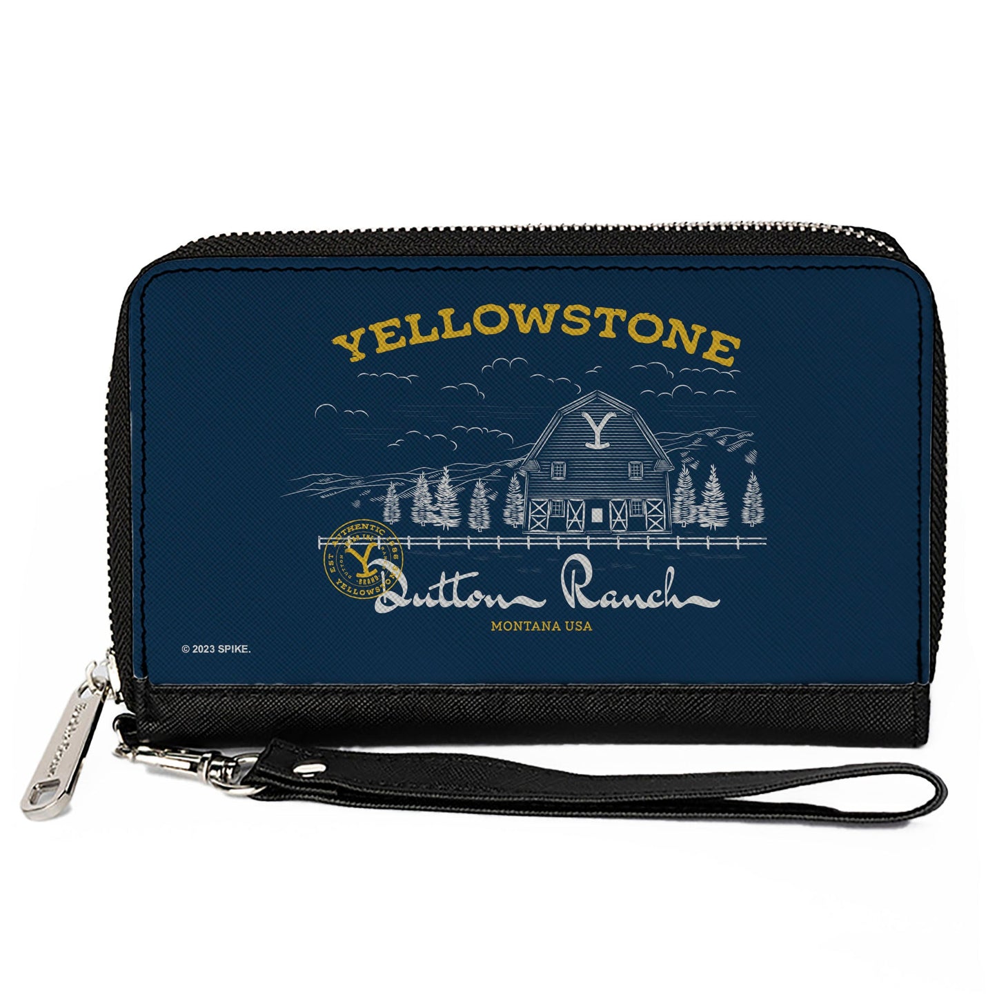 Front view of Yellowstone Dutton Ranch landscape blue wallet.