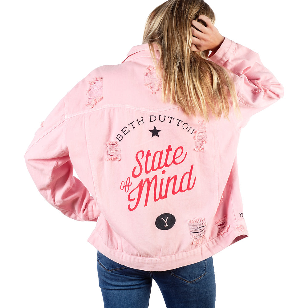 Yellowstone Beth Dutton State of Mind Wren + Glory Hand Painted Pink Denim Jacket